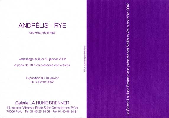 invitation pour l'exposition "Andrélis-Rye, 
          œuvres rcentes""  la Galerie La Hune-Brenner - Paris